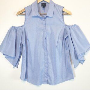Worthington Striped Blue Cold Shoulder Blouse with Bell Sleeves